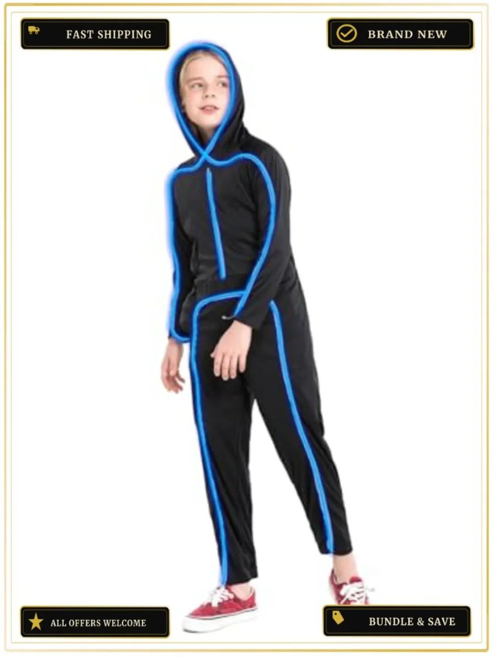 Light Up Stick Figure Costume EL Wire Neon LED Kids Halloween Cosplay